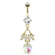 Leaf with CZ And Round Prism Dangle Gold Tone Navel Ring