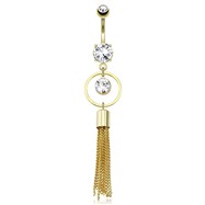 Large Round CZ Encircled By Round Ring with Extending Multi Chain Strings Dangle Gold Tone Navel Rin