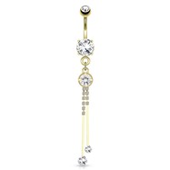 Large Round CZ with Two Extending Strings Of Square Gems Dangle Gold Tone Navel Ring