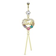 Heart Paved Gems with Multi Colored Gems And Word "Love" Dangle Gold Tone Navel Ring