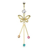 Gemmed Butterfly with Protruding Colored Gems Dangle Gold Tone Navel Ring