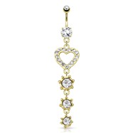 CZ Paved Heart with String Of Circular CZ Dangle Gold Tone Navel Ring