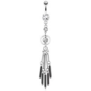 Cascading Round CZ with Black Bars On Chain Dangle Surgical Steel Navel Ring