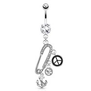 Safety Pin with Paved Gems And Anchor, Peace, CZ Charms Surgical Steel Navel Ring