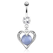 Hollowed Heart with Paved Gems Encasing Blue Cats Eye Gemstone Dangle Surgical Steel Navel Ring