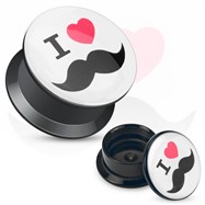 Pair Of "I Love Mustache" Print Black Acrylic Flat Screw Fit Plugs