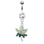 Pot Leaf with Green Paved Gems Dangle Surgical Steel Navel Ring