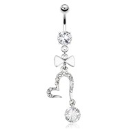 Open Heart with Large Gem And White Enamel Bow Tie Dangle Surgical Steel Navel Ring
