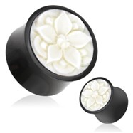 Pair Of Poinsettia White Hand Carved Bone Inlay Organic Buffalo Horn Saddle Fit Plugs