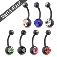 Matte Black Surgical Steel Navel Ring With Double Jewels