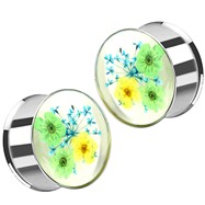 Pair Of Green & Blue Dried Flower Clear Acrylic Double Flared Stainless Steel Plugs