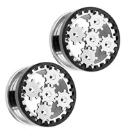 Pair Of Surgical Steel Steampunk Gear Screw-Fit Tunnels