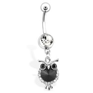 Owl Belly Button Ring with Black And Clear Gems