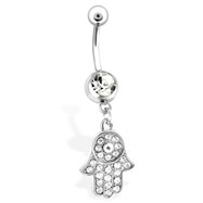 Jeweled Hand Symbol Belly Button Ring