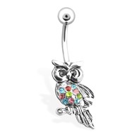 Owl with Multi Colored Gems Belly Ring, 14 Ga