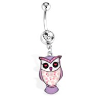 Purple Owl Navel Ring with Floral Pattern, 14Ga