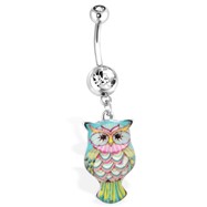 Teal Owl Navel Ring With Pink Accent, 14 Ga