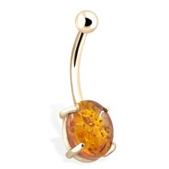 14K Gold Belly Button Ring With Genuine Amber Stone
