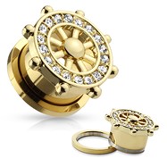 CZ Paved Yacht Wheel Top Gold IP Over 316L Surgical Steel Screw Fit Flesh Tunnels; PAIR