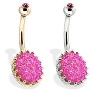 14K Gold Belly Ring With Pink Druzy And Pink Gem Ball