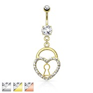 Keyhole Heart Lock With Paved Gems Dangle Navel Ring