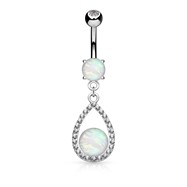 White Opal Center Crystal Paved Tear Drop Dangle Belly Button Ring
